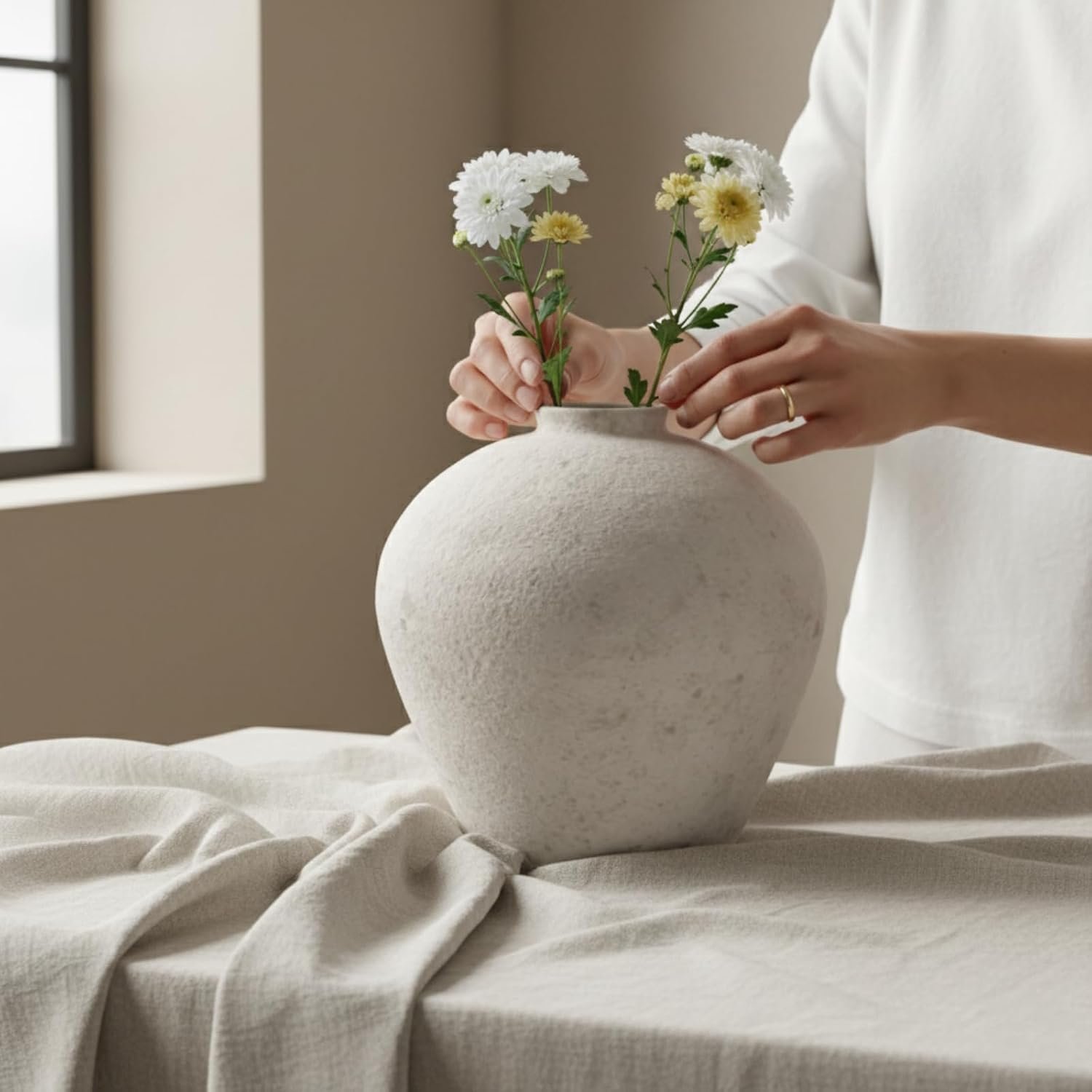 Textured ceramic vase styled with dried florals on a linen backdrop