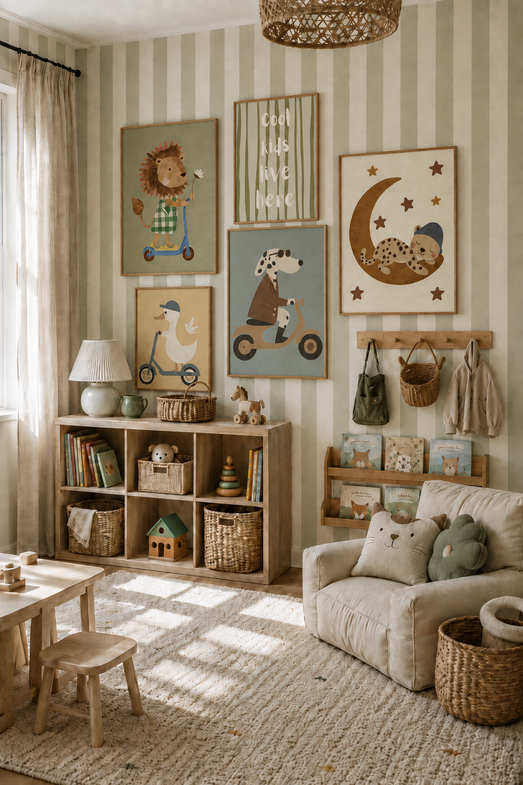 Toddler boy's room with framed wall art gallery above a low shelf
