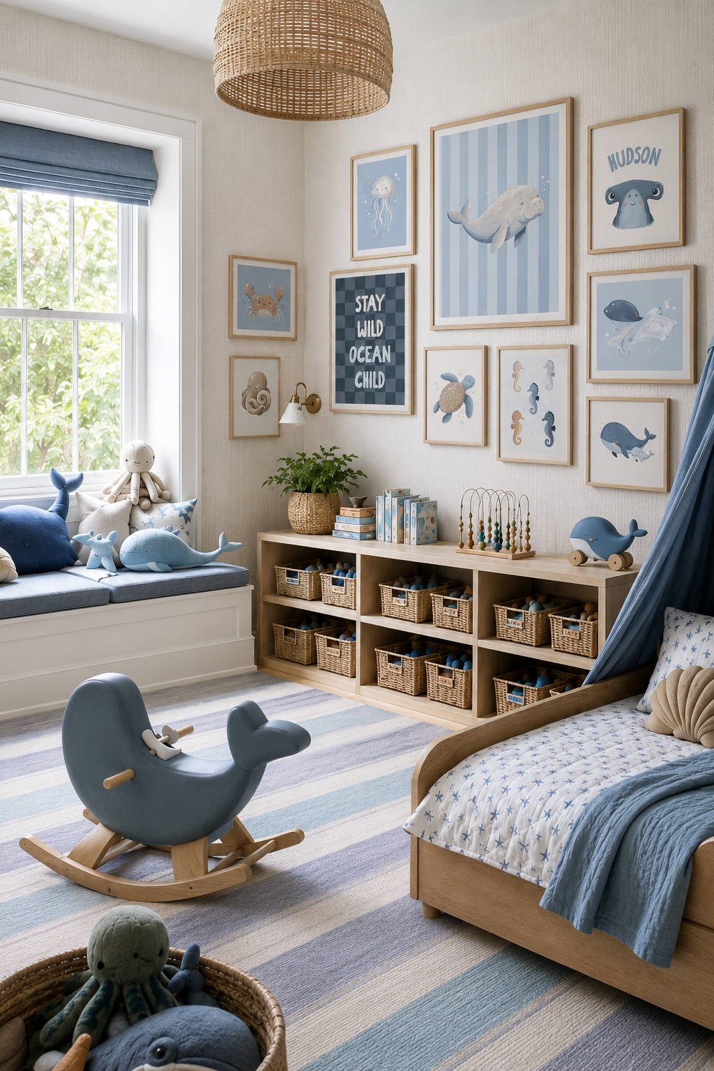 Ocean-themed toddler room with whale wall art and blue striped bedding
