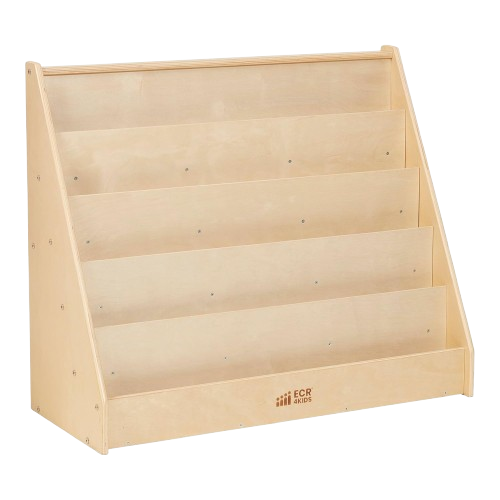 Wooden front-facing bookshelf for a toddler room