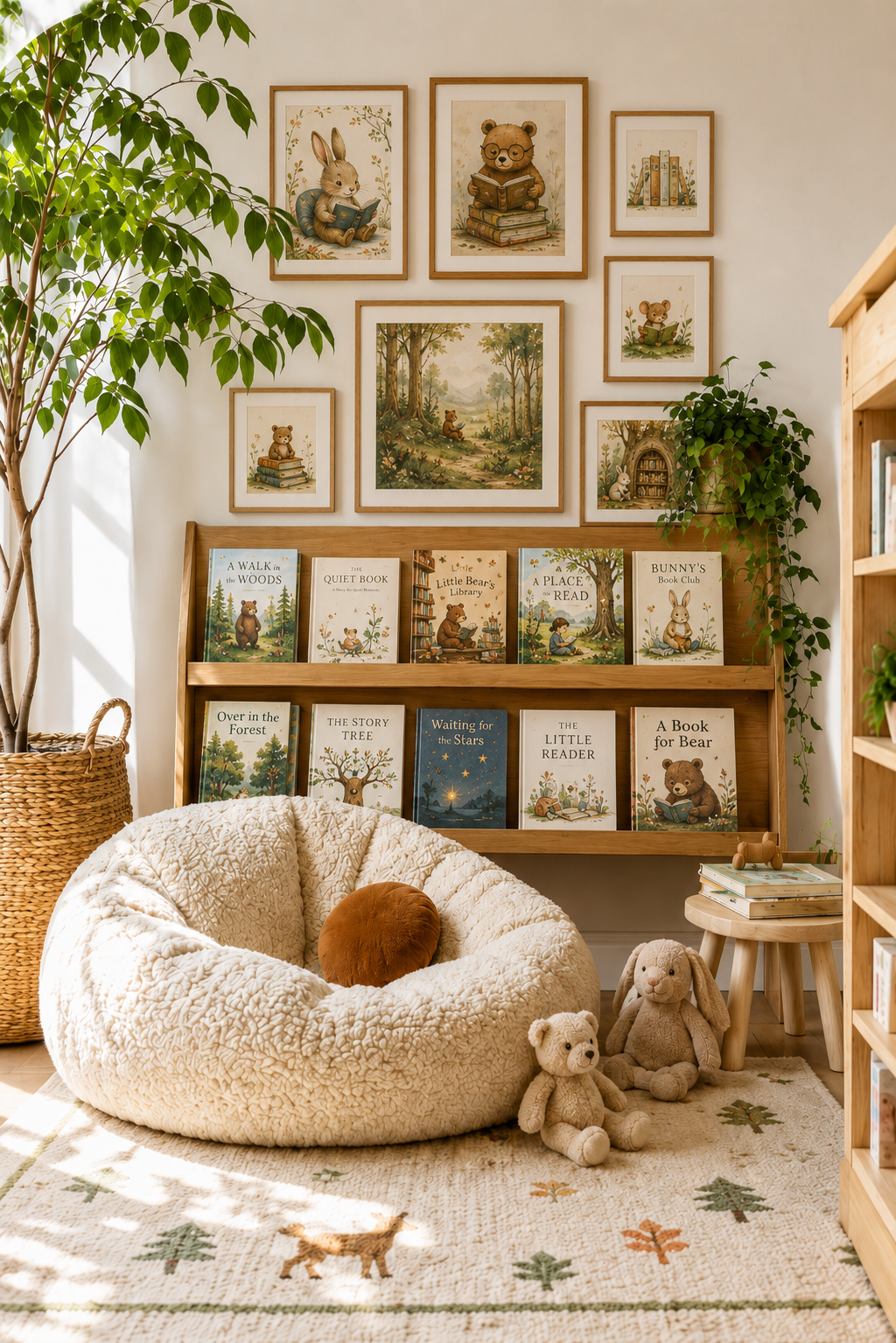 Woodland-themed cozy reading corner with cushions in a toddler room