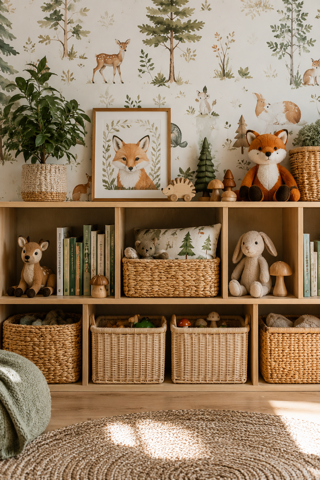 Woodland-themed toddler room with woven storage baskets for toys